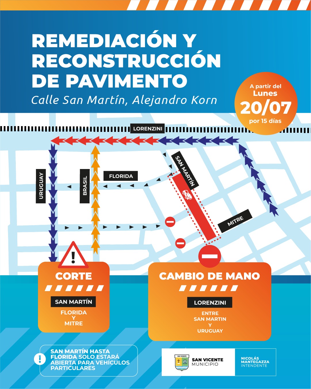 Remediaci&oacute;n y reconstrucci&oacute;n de pavimento en calle San Mart&iacute;n, Alejandro Korn. Cambio de circulaci&oacute;n a partir del lunes 20 de julio por 15 d&iacute;as.